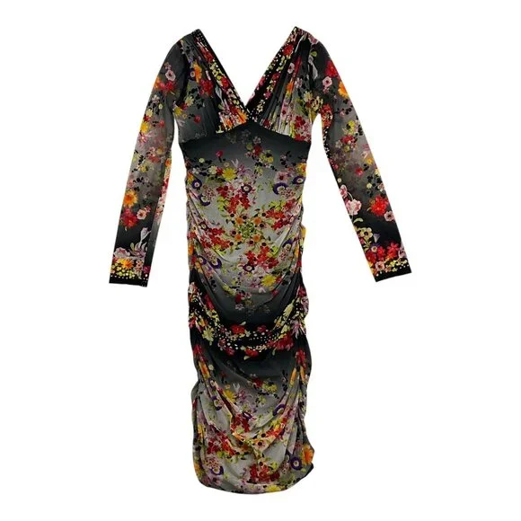 knee length dresses for ladies Fuzzi Red Floral Print Ruched Long Sleeve Knee Length Dress – The Closet  New York main image 0